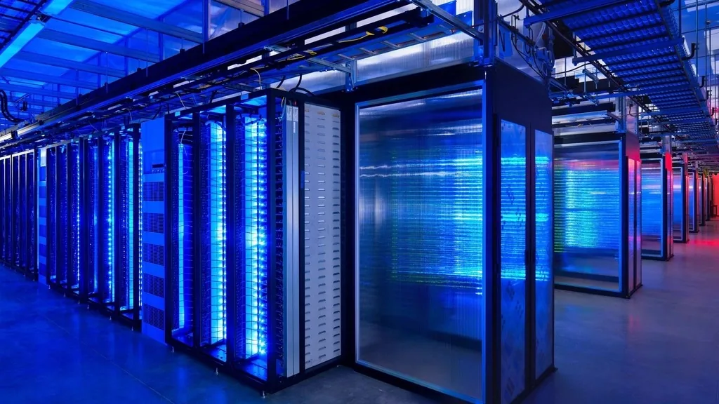 Modern data centre with rows of illuminated server racks